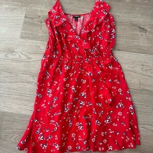 Express Red Floral Ruffle Wrap Dress with Navy & White Accents
